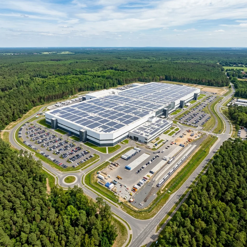 Luftaufnahme der Tesla Gigafactory Berlin-Brandenburg in Grünheide, umgeben von Wald