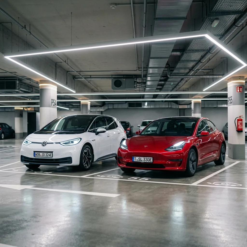VW ID.3 in Weiß und Tesla Model 3 in Rot nebeneinander in einer Tiefgarage