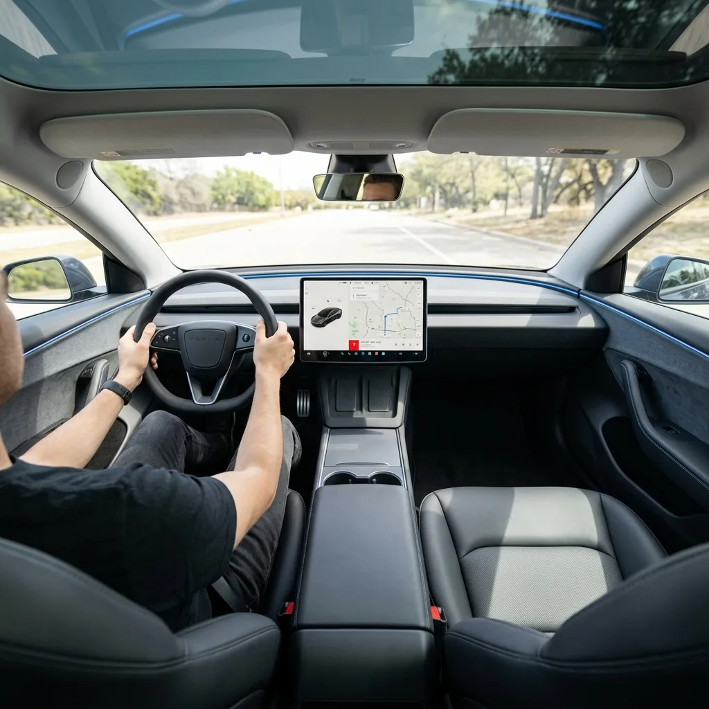 Tesla Model 3 Highland Innenraum mit neuem Lenkrad und Ambientebeleuchtung