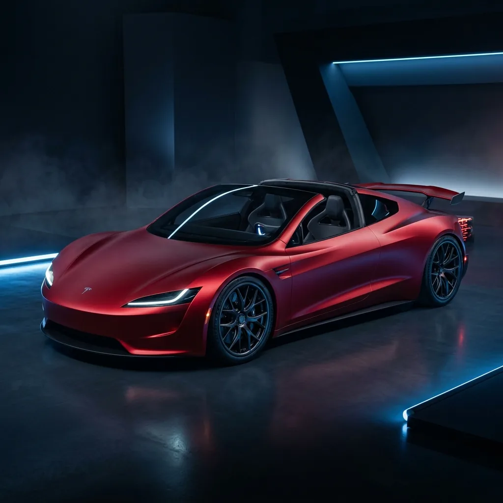 Tesla Roadster 2026 in mattem Rot – dramatische Studioaufnahme