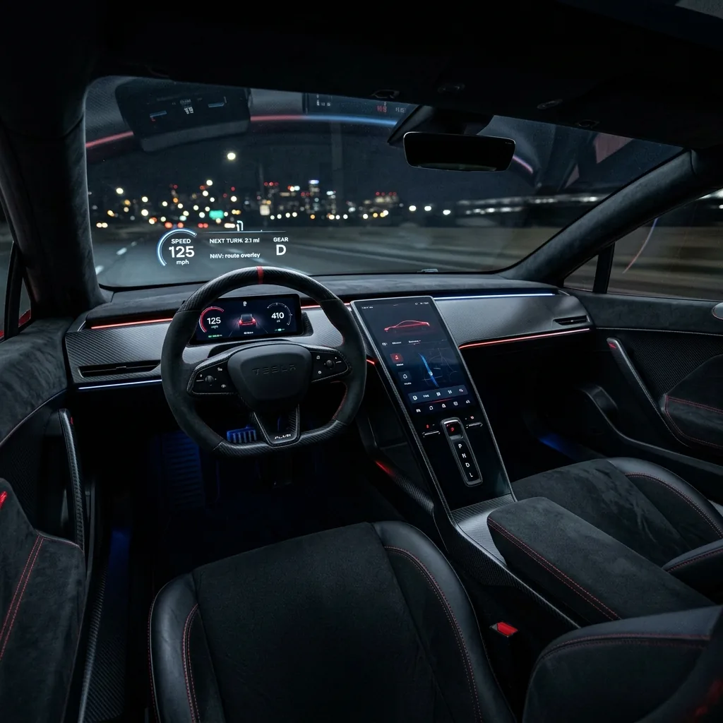 Tesla Roadster 2026 Innenraum mit Schalensitzen und Head-Up-Display