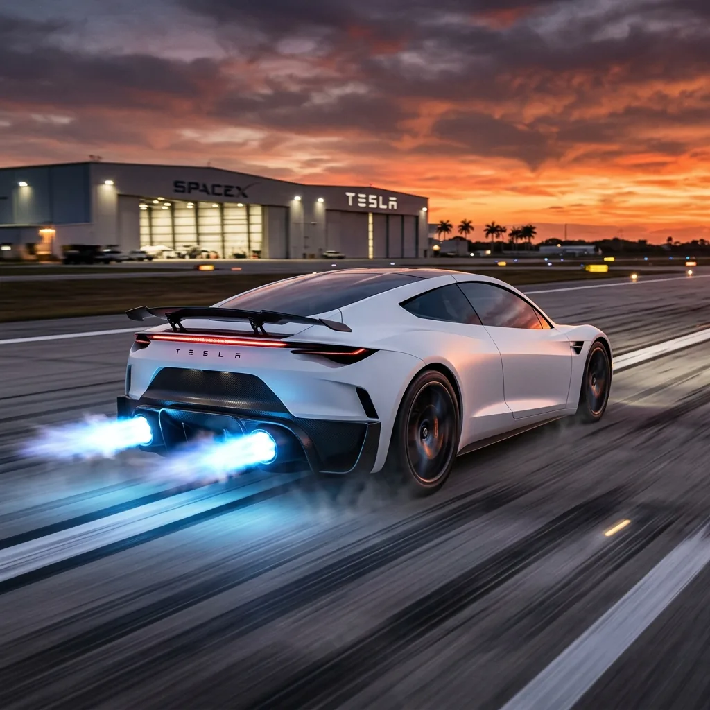 Tesla Roadster SpaceX-Version mit Kaltgas-Thrustern auf einer Startbahn