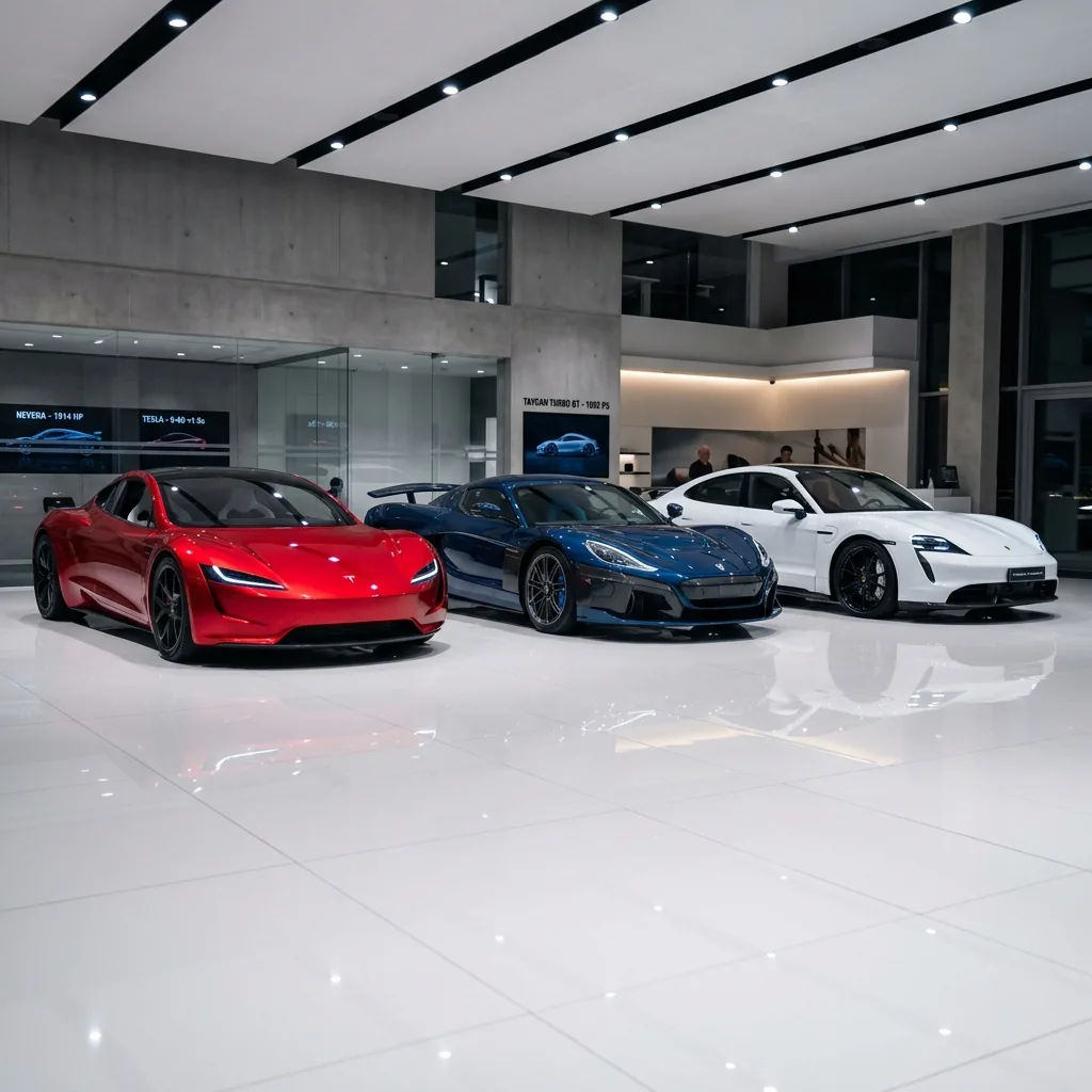 Tesla Roadster, Rimac Nevera und Porsche Taycan Turbo GT im Showroom