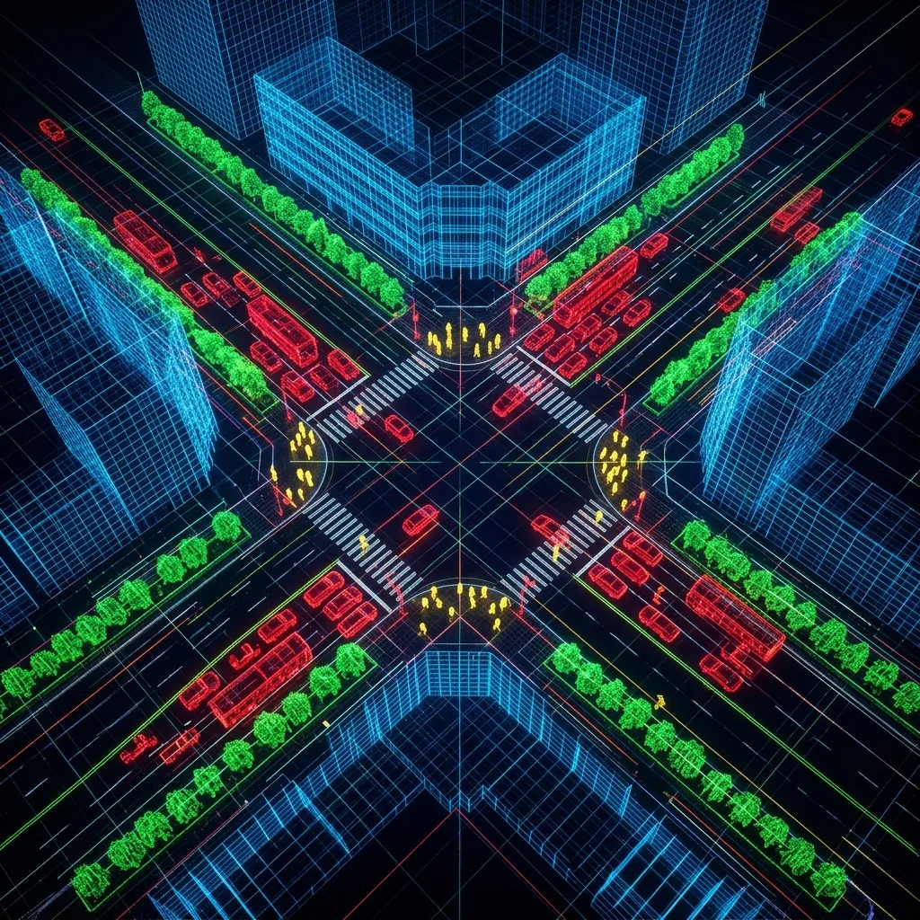 3D-Visualisierung des Tesla Occupancy Networks mit farbigen Voxeln für Fahrzeuge, Gebäude und Fußgänger