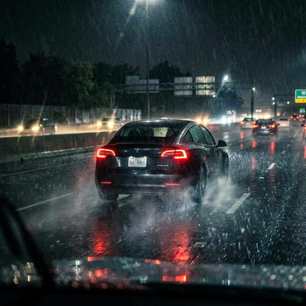Tesla Model 3 fährt bei Starkregen und Nacht auf einer Autobahn mit Reflexionen auf nasser Straße