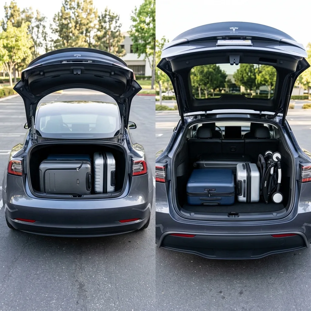 Kofferraum-Vergleich: Tesla Model 3 mit 2 Koffern links, Tesla Model Y mit 4 Koffern rechts
