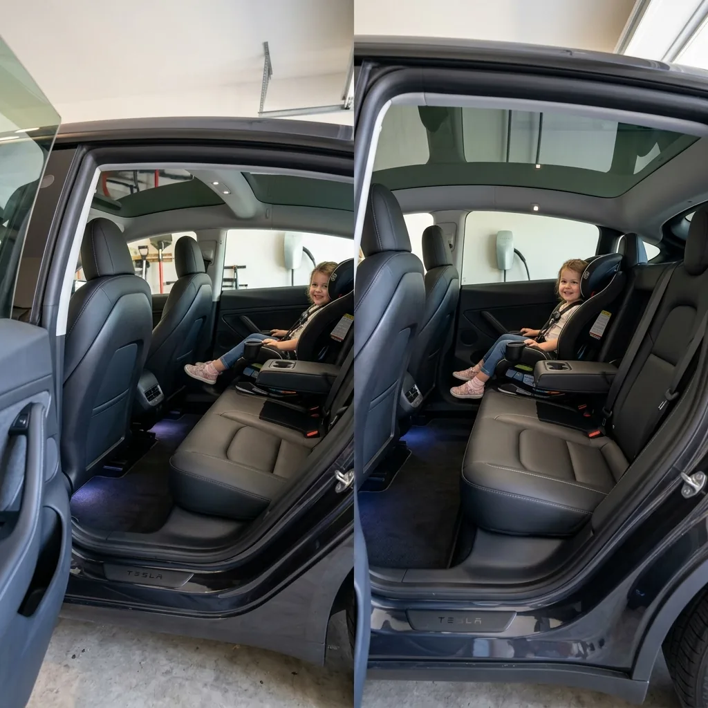Rückbank-Vergleich: Tesla Model 3 und Model Y mit Kindersitz, zeigt Unterschied bei Kopffreiheit